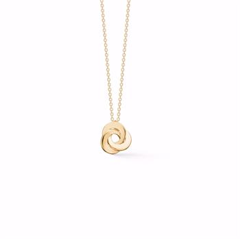 Gold twisted pendant with interlocking design on a chain of small, round links against a white background.