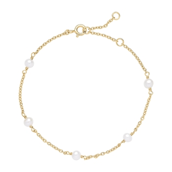 Gold bracelet with five white pearls and a clasp, elegant design, adjustable length.