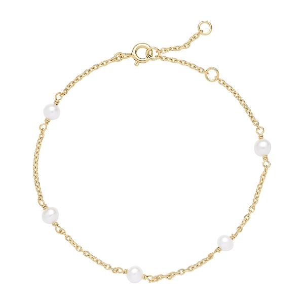 Gold bracelet with five white pearls and a clasp, elegant design, adjustable length.