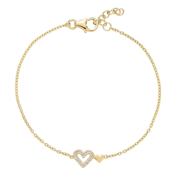 Gold bracelet with stone-studded heart charm, solid heart charm, lobster clasp, adjustable chain.