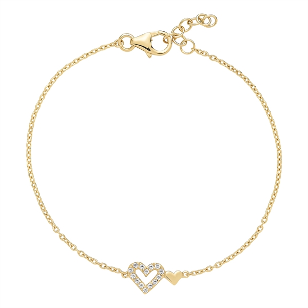 Gold bracelet with stone-studded heart charm, solid heart charm, lobster clasp, adjustable chain.