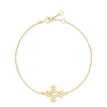 Bracelet with gold cross pendant, polished chain, and clasp mechanism for secure fastening.