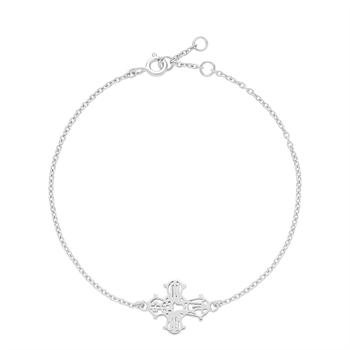 Sterling silver bracelet with a central cross pendant and fine link chain, featuring a spring ring clasp.