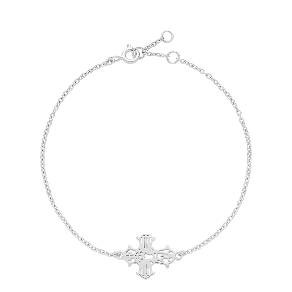Sterling silver bracelet with a central cross pendant and fine link chain, featuring a spring ring clasp.
