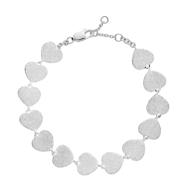 Sterling silver bracelet with textured heart-shaped links and a clasp for fastening.