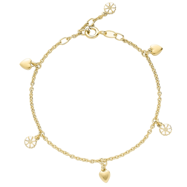 Gold bracelet with three heart-shaped and three flower-shaped charms, chain design, and clasp.