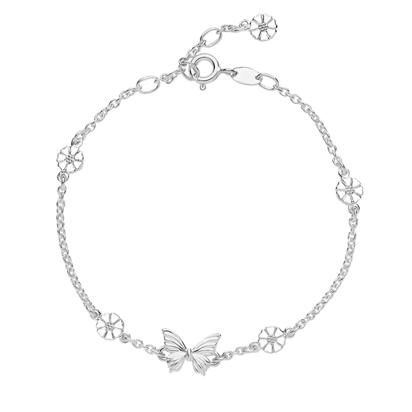 Sterling silver bracelet with butterfly and circular elements, featuring a clasp for fastening.