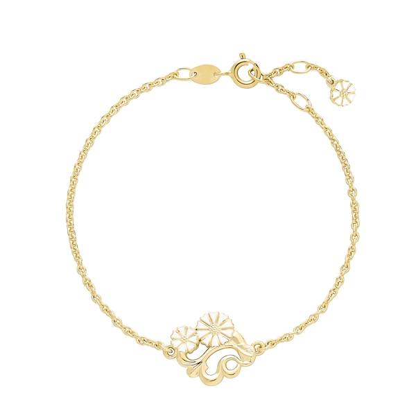 Gold bracelet with floral filigree, adjustable chain, and clasp; delicate and symmetrical design.