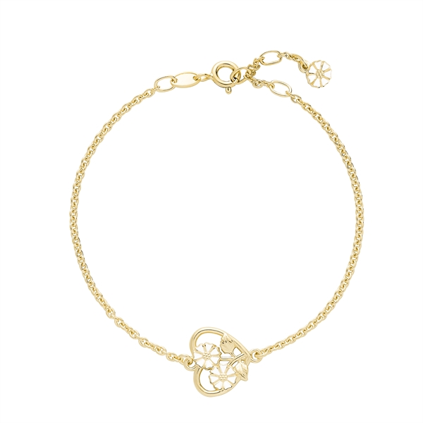 Gold bracelet with heart-shaped daisy design, fine chain, adjustable links, and a small charm.