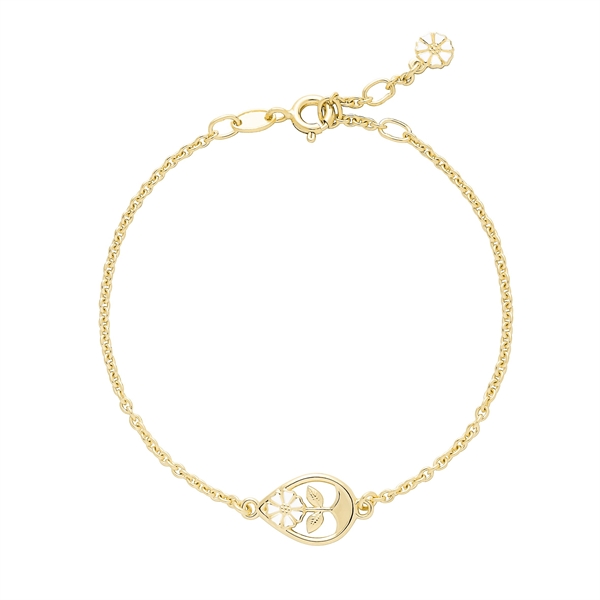 Gold bracelet with teardrop flower charm and flower clasp detail.