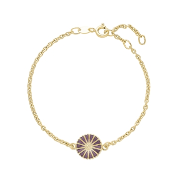 Gold bracelet with a purple flower design and gold outline, featuring a clasp for fastening.