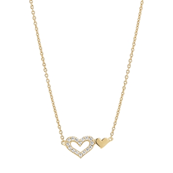 Gold necklace with a double heart pendant; one heart has stones, on a fine link chain.