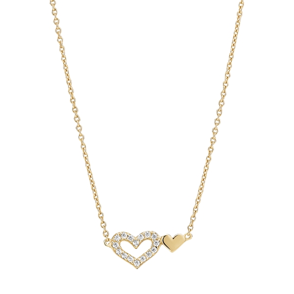 Gold necklace with a double heart pendant; one heart has stones, on a fine link chain.