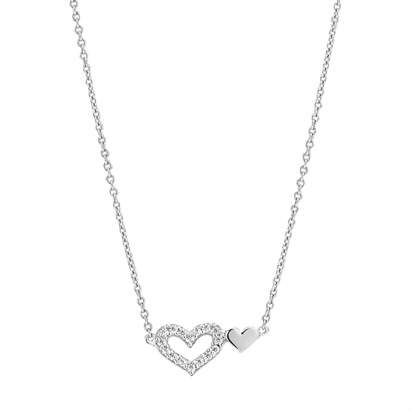 Sterling silver necklace with pavé heart and solid heart pendants on a fine link chain.