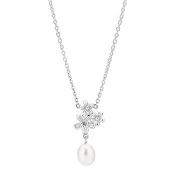 Sterling silver necklace with floral zirconia pendant and drop-shaped freshwater pearl.