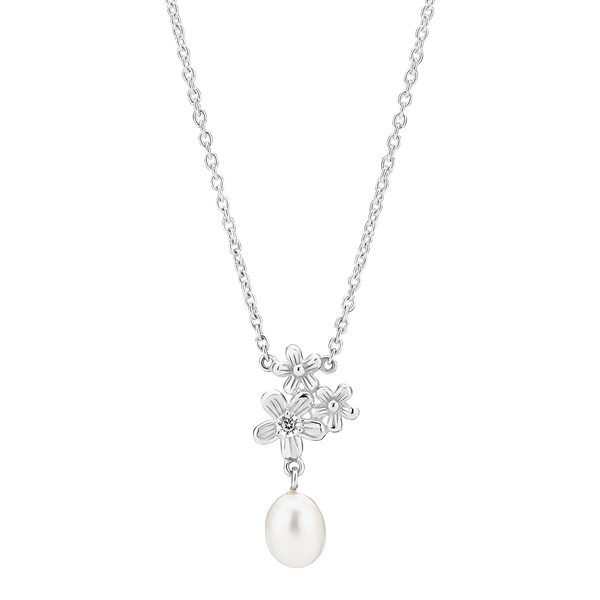 Sterling silver necklace with floral zirconia pendant and drop-shaped freshwater pearl.