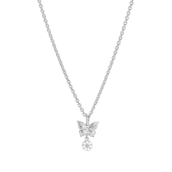 Sterling silver necklace with butterfly pendant and circular charm on an interlinked loop chain.