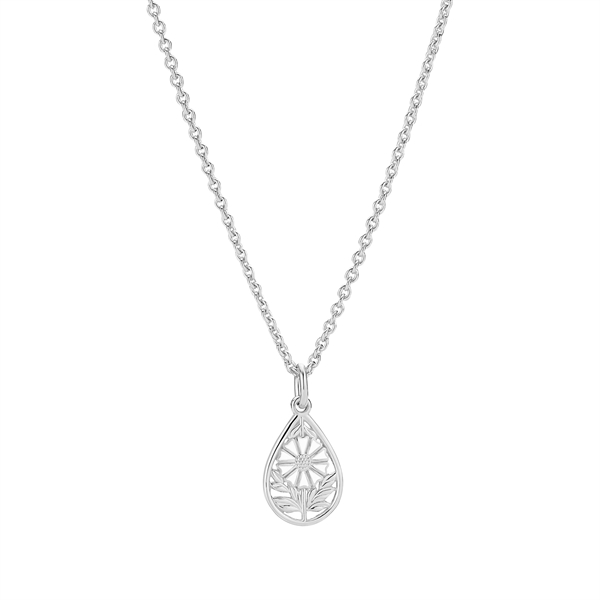 Teardrop pendant with floral design on silver chain, featuring a marguerite flower motif.