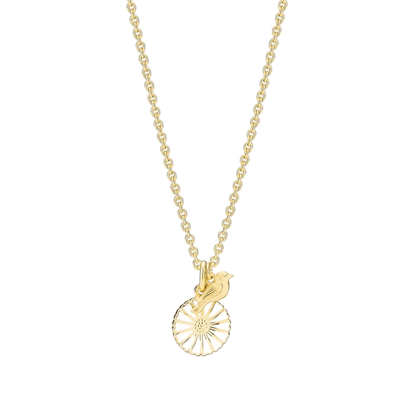Gold chain necklace with a bird and daisy-like flower pendant in gold-plated silver.