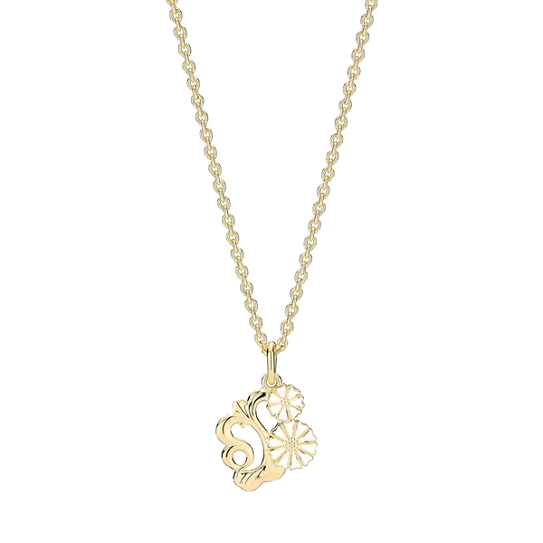 Gold necklace with interlocking chain and floral filigree pendant, featuring intricate floral design.