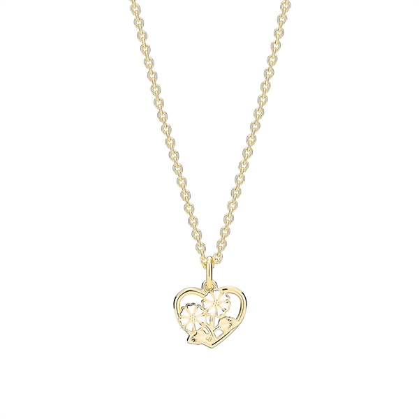 Gold heart pendant necklace with floral design on a simple link chain, featuring two flower shapes.