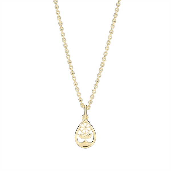 Gold teardrop pendant with floral design on a linked chain, polished finish.