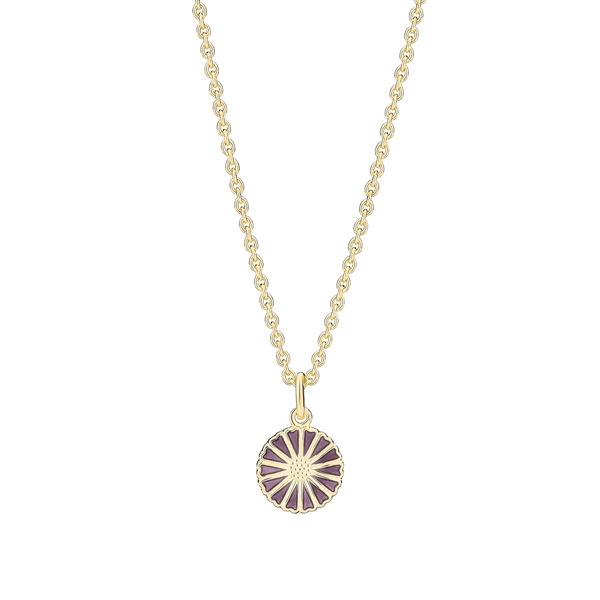 Gold chain necklace with a circular daisy pendant; purple petals, gold outline.