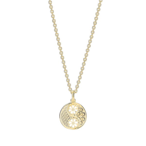 Gold necklace with Yin Yang pendant, daisy design, on interlocking chain.