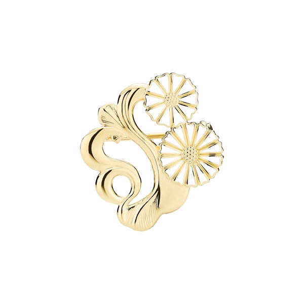 Gold brooch with two daisy-like flowers, detailed petals, and scroll design.