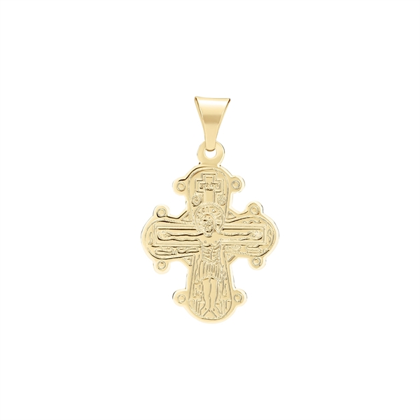 Gold cross-shaped pendant with engraved figure, bail at top for chain attachment.