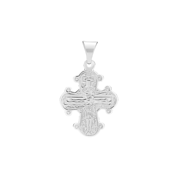 Sterling silver cross pendant with detailed figure engraving, arms outstretched, 16x14mm.