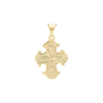Gold-plated silver cross pendant with rounded ends and engraved figure on the front.