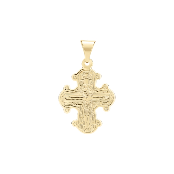Gold-plated silver cross pendant with rounded ends and engraved figure on the front.