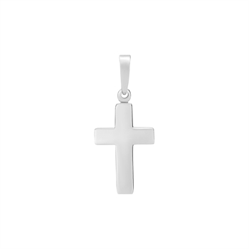 Sterling silver cross pendant with polished surface and small loop for chain attachment.