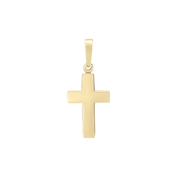 Gold-colored cross pendant with smooth surface and bail for chain attachment.