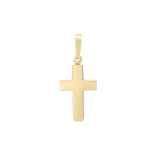 Gold-colored cross pendant with smooth surface and bail for chain attachment.