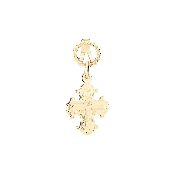 Gold-toned cross pendant with intricate engravings and a twisted loop for chain attachment.