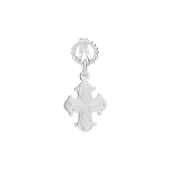 Cross-shaped silver pendant with intricate engravings, twisted loop, and small rounded edge protrusions.