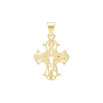 Gold cross pendant with intricate cut-out design and top loop for chain attachment.