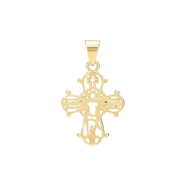 Gold cross pendant with intricate cut-out design and top loop for chain attachment.
