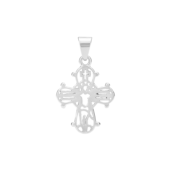 Sterling silver cross pendant with openwork design and central figure, loop for chain attachment.
