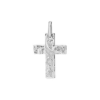 Rustic sterling silver cross pendant with textured surface and loop for chain, 17x12mm.