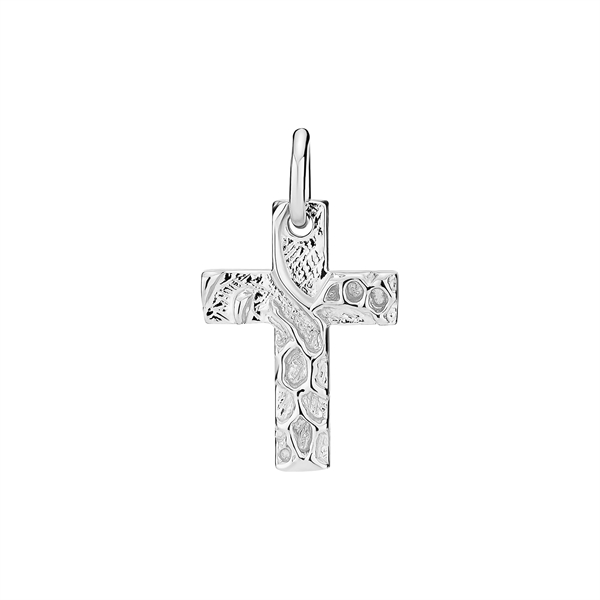 Rustic sterling silver cross pendant with textured surface and loop for chain, 17x12mm.