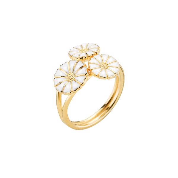 Lund 3 flower Marguerite 2x7,5 mm and 1x9 mm fingerring in silver plated w/white enamel