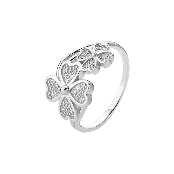 Sterling silver ring with clover designs and zirconia stones; polished finish, central clover larger.