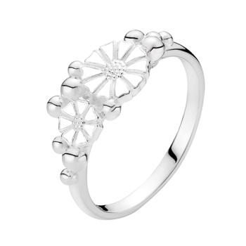 Lund 3 blomst 2x7,5 mm og 1x9 mm Marguerit fingerring i sølv m/ hvid emalje