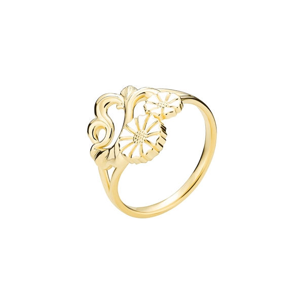 Gold ring with two daisy-like flowers and intricate filigree detailing.