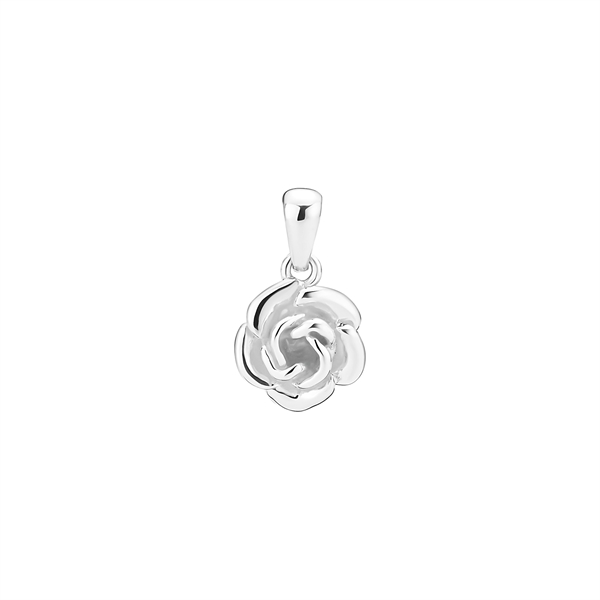 Sterling silver rose-shaped pendant with layered petals and a smooth, polished surface, 9x9mm.