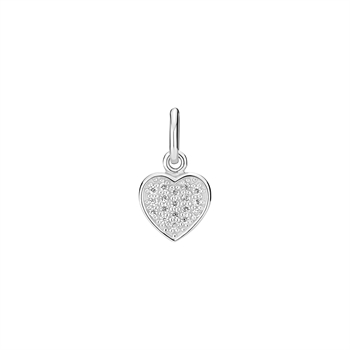 Heart-shaped silver pendant with sparkling stones and a polished finish, looped for attachment.