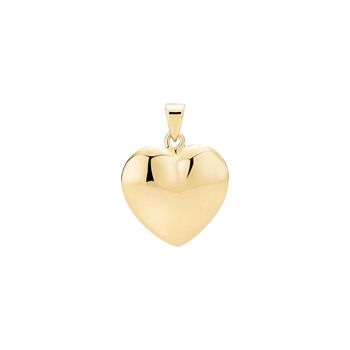 Gold heart-shaped pendant with smooth surface, small loop, and large bail for chain attachment.